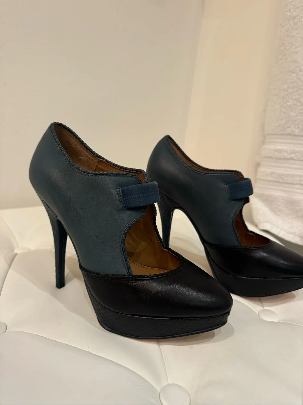 Ella Moss Two-Tone Black and Dark Teal Platform Mary Jane Pumps